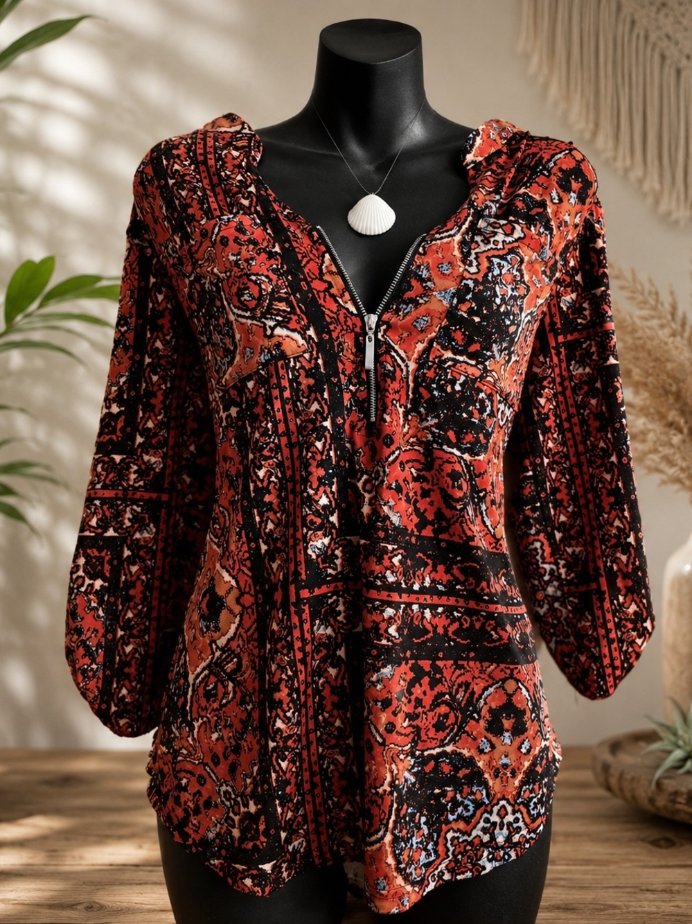 Carolyn Taylor Red & Black Zip-Neck Patterned Tunic